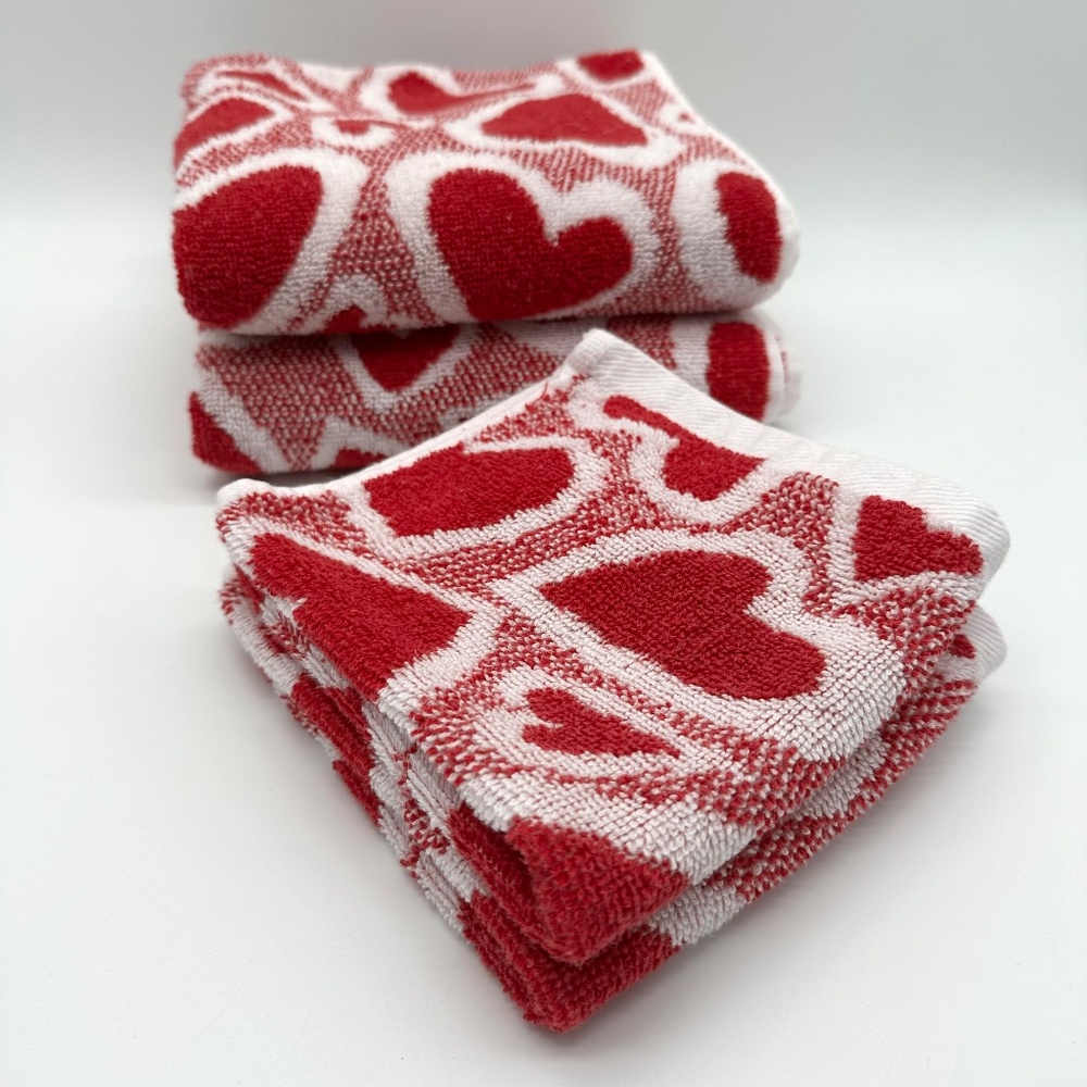 Red & White Hearts 2 Hand Towels 2 Washcloths 100% Cotton Casaba Made In Turkey